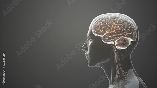 Translucent human head profile with visible brain and neural connections