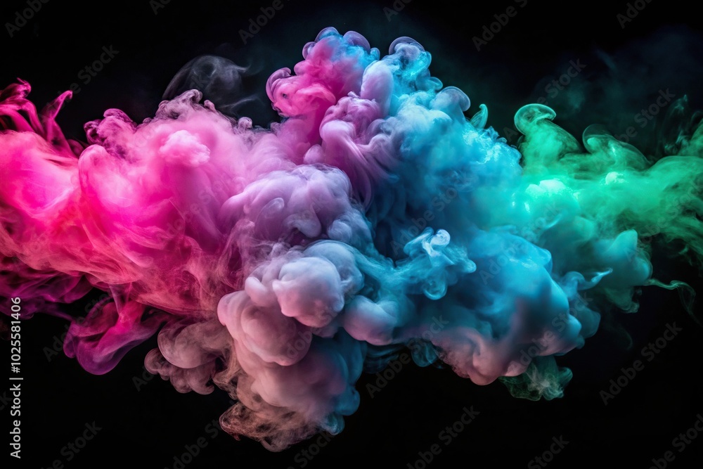 Dynamic smoke clouds in pink, blue, and green colors on black background Dynamic smoke clouds in pink, blue, and green colors on black background