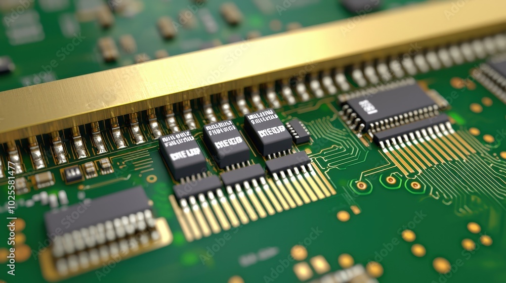 Closeup of Green Circuit Board with Integrated Chips and Golden Connectors Closeup of Green Circuit Board with Integrated Chips and Golden Connectors