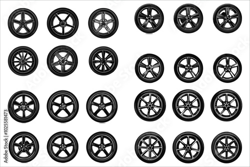 Black silhouettes of car wheel set. Car wheel silhouettes collection vector. Vector car wheel silhouettes. Vector illustrations of car wheel silhouettes set. Vector art of car wheel silhouettes icons
