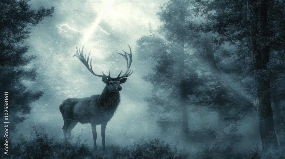 Naklejka premium A majestic stag stands in a misty forest, illuminated by a lightning strike.