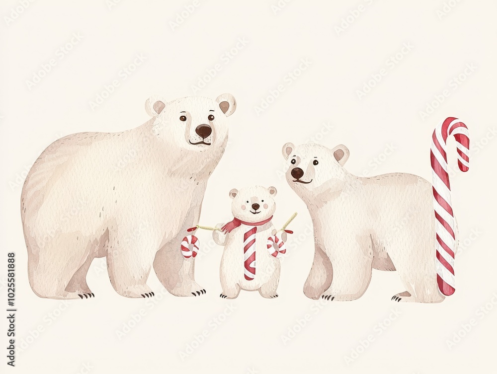 Three polar bears with candy canes on a white background Three polar bears with candy canes on a white background