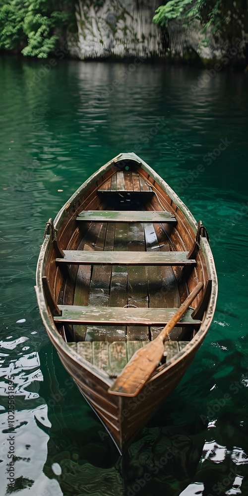Barco à remos antigo em um lago tranquilo Barco à remos antigo em um lago tranquilo