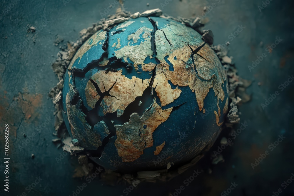 Cracked globe on a textured surface, symbolizing environmental challenges and global issues, with vivid colors and intricate details. Cracked globe on a textured surface, symbolizing environmental challenges and global issues, with vivid colors and intricate details.
