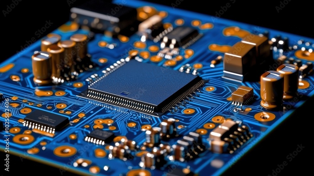 Futuristic Blue Circuit Board with Microchip Technology Background Futuristic Blue Circuit Board with Microchip Technology Background