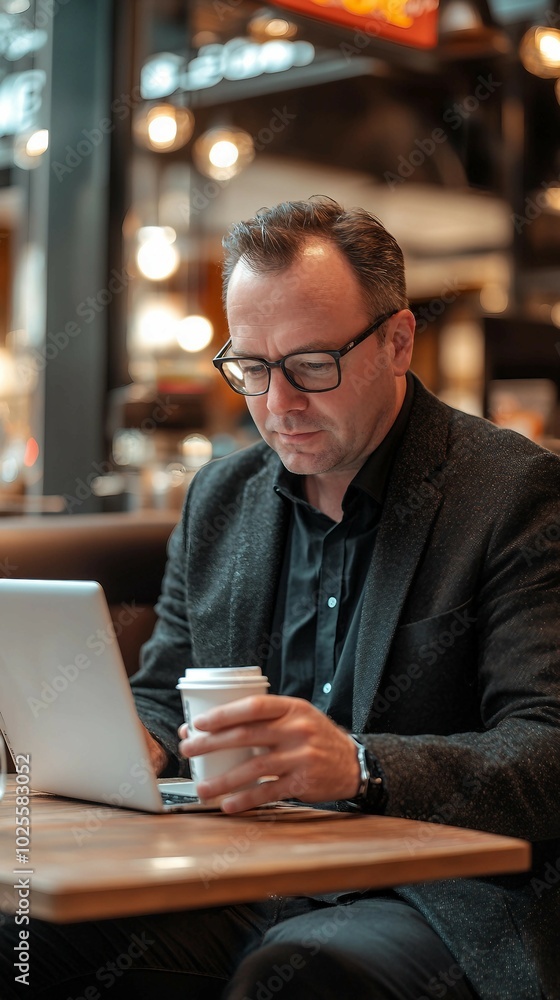 Businessman working on laptop in a cafe Businessman working on laptop in a cafe