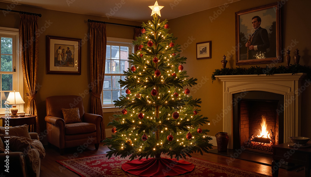 Beautifully decorated Christmas tree with lights and ornaments in a cozy living room with a fireplace