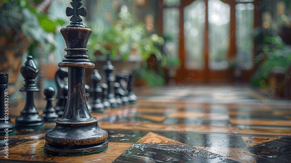 Close Up of a Black King Chess Piece on a Wooden Chessboard Close Up of a Black King Chess Piece on a Wooden Chessboard