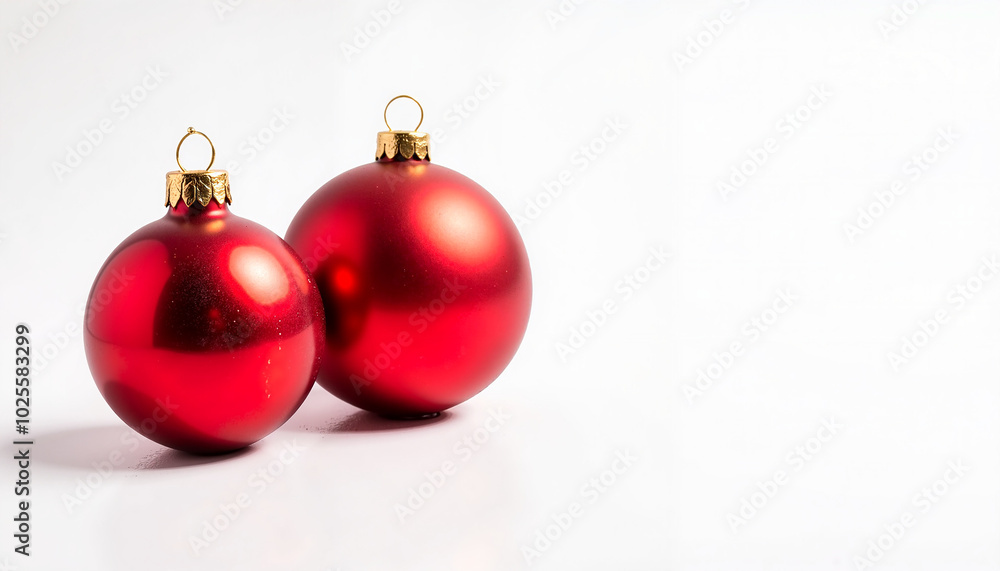Two shiny red Christmas ornaments on a white background, perfect for holiday decoration and design Two shiny red Christmas ornaments on a white background, perfect for holiday decoration and design