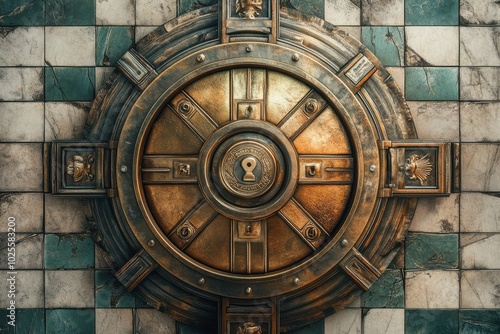 Intricate vintage vault door with ornate design on a patterned tiled background, symbolizing security and protection in a historical setting.