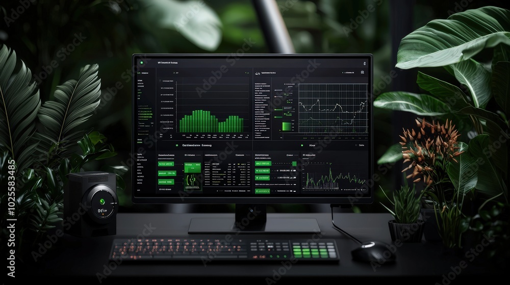 Renewable Energy Data Analysis on Desktop Monitor with Green Plants Renewable Energy Data Analysis on Desktop Monitor with Green Plants