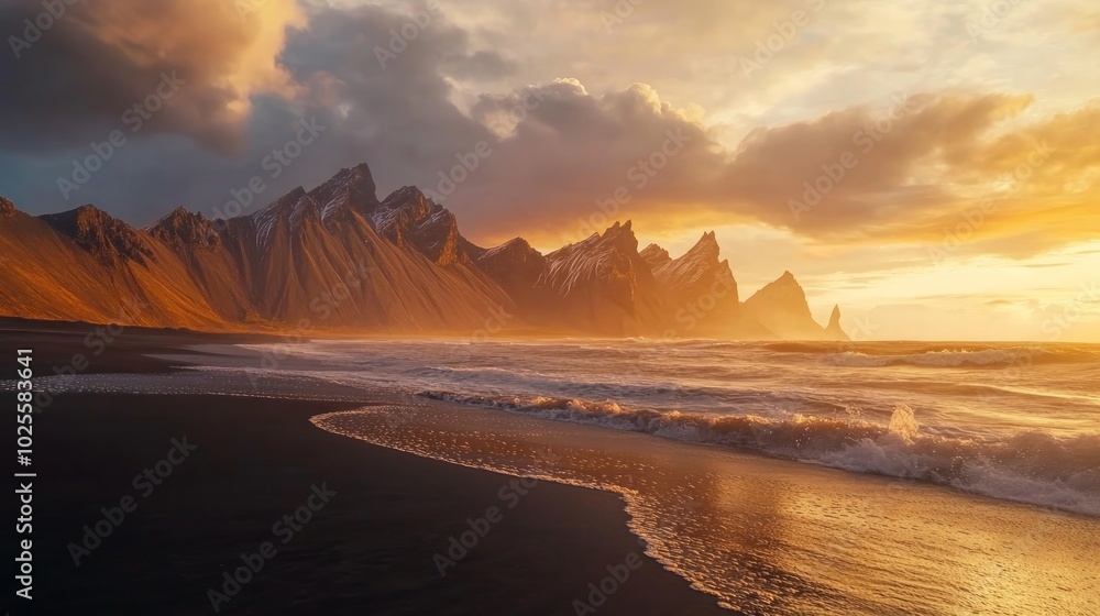 Dramatic sunset over a black sand beach with mountains in the background. (1) Dramatic sunset over a black sand beach with mountains in the background. (1)