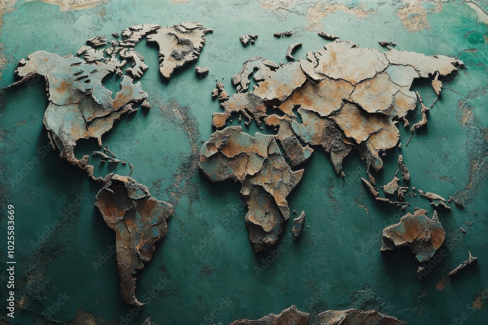 Fototapeta premium Rustic world map art with textured continents on a teal background, showcasing unique design and global perspective.