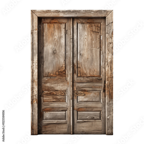 Rustic wooden double doors with peeling paint in a minimalist setting capturing vintage charm photo