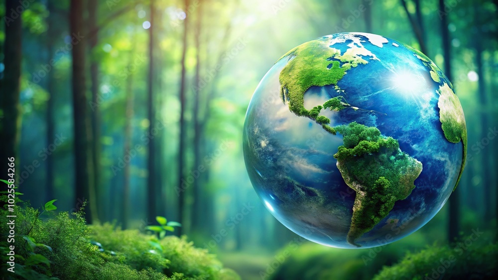 Eco themed abstract background featuring a blue planet earth globe and lush forests close-up Eco themed abstract background featuring a blue planet earth globe and lush forests close-up