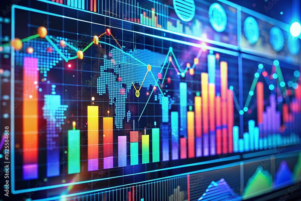 Futuristic Digital Screen Displaying Animated Graphs and Charts for Advanced Data Analysis and Visualization Solutions Futuristic Digital Screen Displaying Animated Graphs and Charts for Advanced Data Analysis and Visualization Solutions