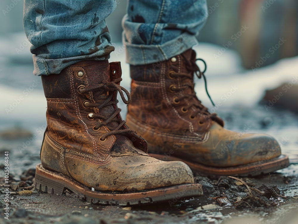 Close Up of Worn Leather Boots in Mud Close Up of Worn Leather Boots in Mud