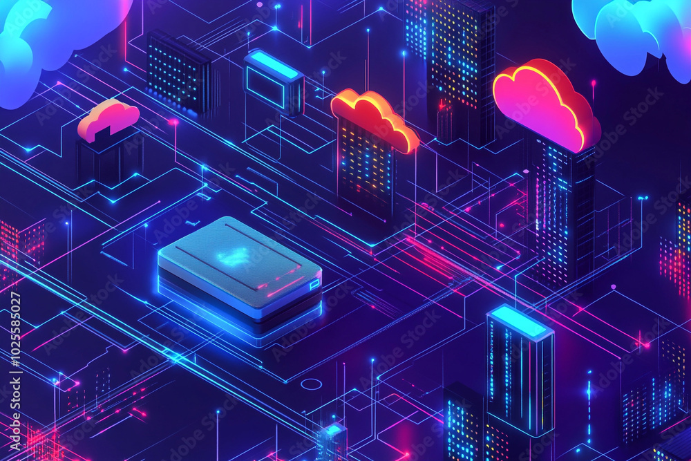 Fototapeta premium Innovative Serverless Technology on Hybrid Cloud Network: Modern Digital Infrastructure Solutions