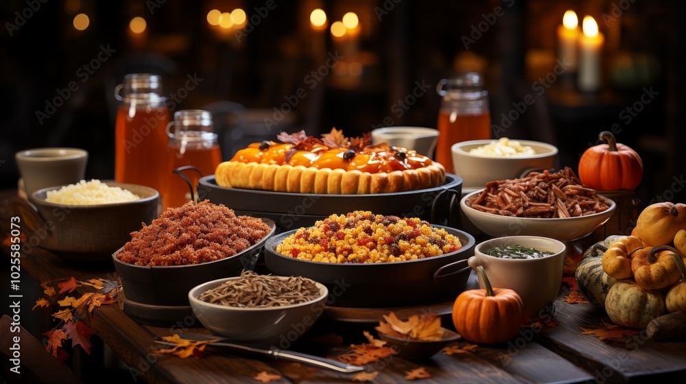 Thanksgiving Day Food Turkey, Stuffing, Pumpkin Pie, and Rustic Wooden Table Thanksgiving Day Food Turkey, Stuffing, Pumpkin Pie, and Rustic Wooden Table
