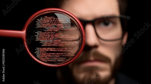 Programmer Examining Code Through Magnifying Glass   Cybersecurity  Technology  Software D