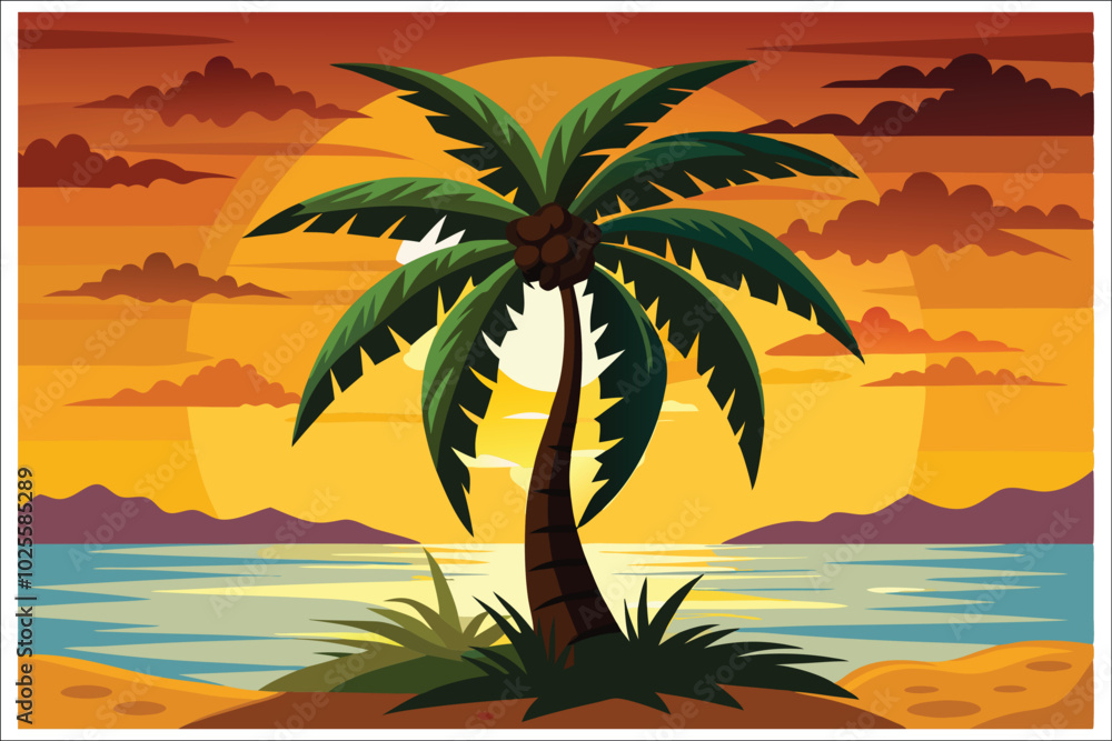 Fototapeta premium Coconut Tree Sunset Beach Vector Illustration 2025