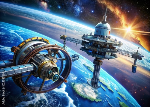 Fototapeta Naklejka Na Ścianę i Meble -  Futuristic Space Station Orbiting Earth with Advanced Technology and Stunning Views of the Universe in the Background