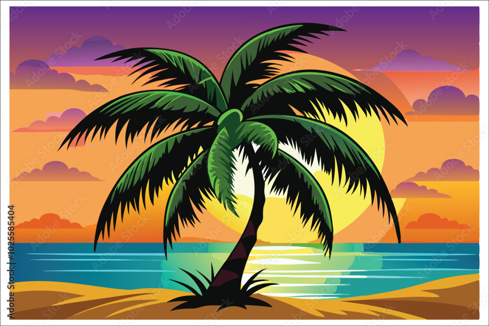 Fototapeta premium Coconut Tree Sunset Beach Vector Illustration 2025