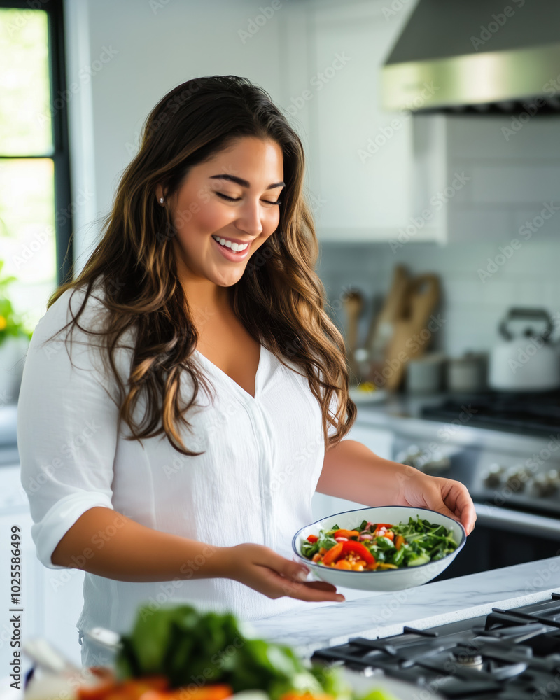 Empowered Obese Woman Smiling in Modern Kitchen While Preparing Healthy Meal Surrounded by Fresh Vegetables and Lean Proteins Empowered Obese Woman Smiling in Modern Kitchen While Preparing Healthy Meal Surrounded by Fresh Vegetables and Lean Proteins
