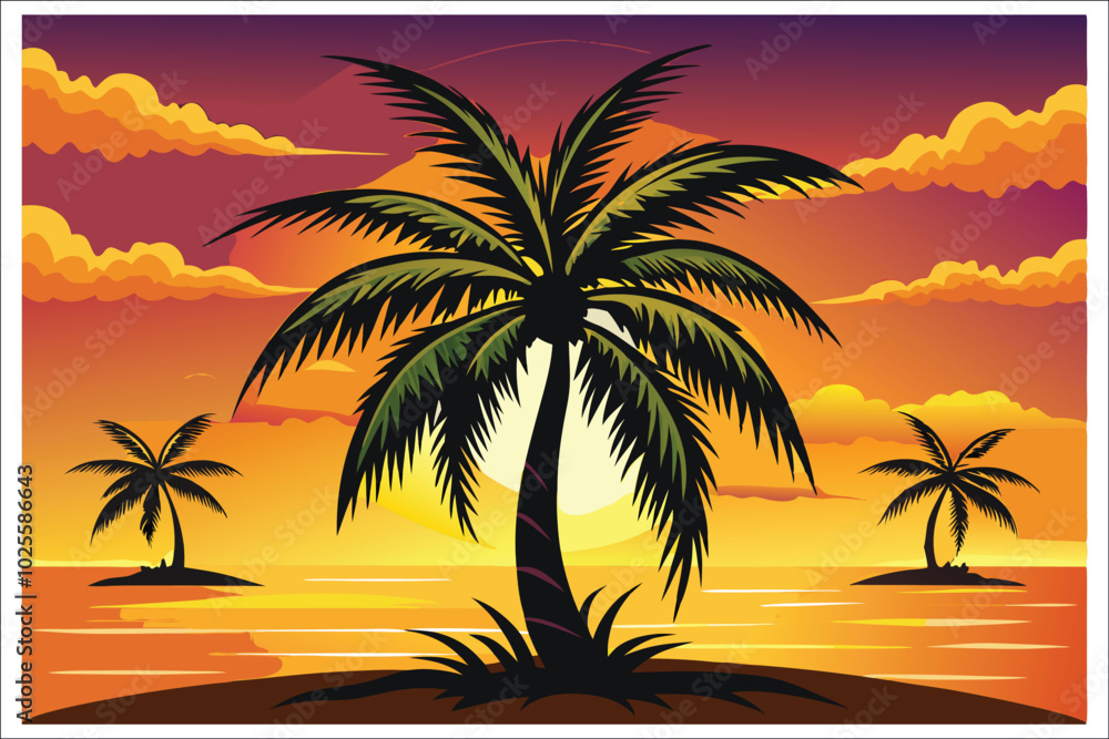 Coconut Tree Sunset Beach Vector Illustration 2025 Coconut Tree Sunset Beach Vector Illustration 2025