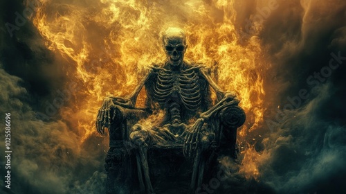 A skeletal figure sits on a throne, surrounded by flames and smoke, evoking a dramatic scene.