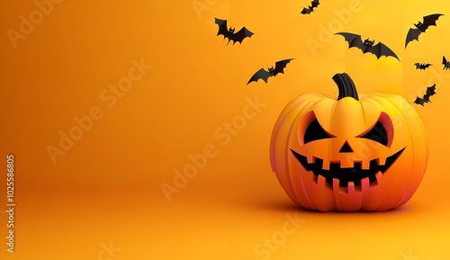 A jack-o'-lantern pumpkin and a Halloween trick-or-treat bag on an orange background with flying bats created with generative AI