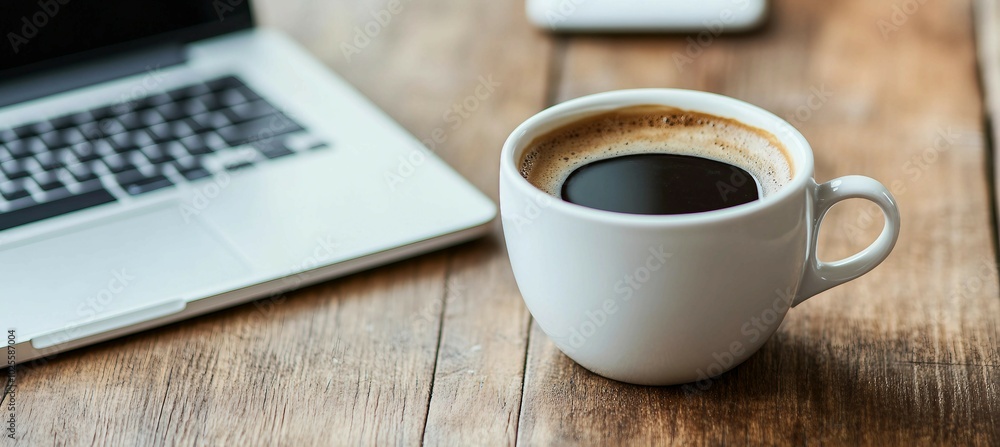 Cup of Coffee on Wooden Desk with Laptop Cup of Coffee on Wooden Desk with Laptop