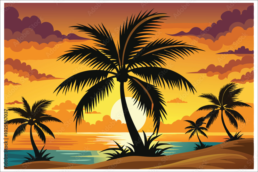 Fototapeta premium Coconut Tree Sunset Beach Vector Illustration 2025