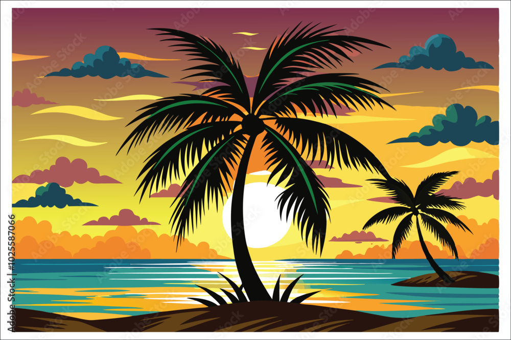 Fototapeta premium Coconut Tree Sunset Beach Vector Illustration 2025