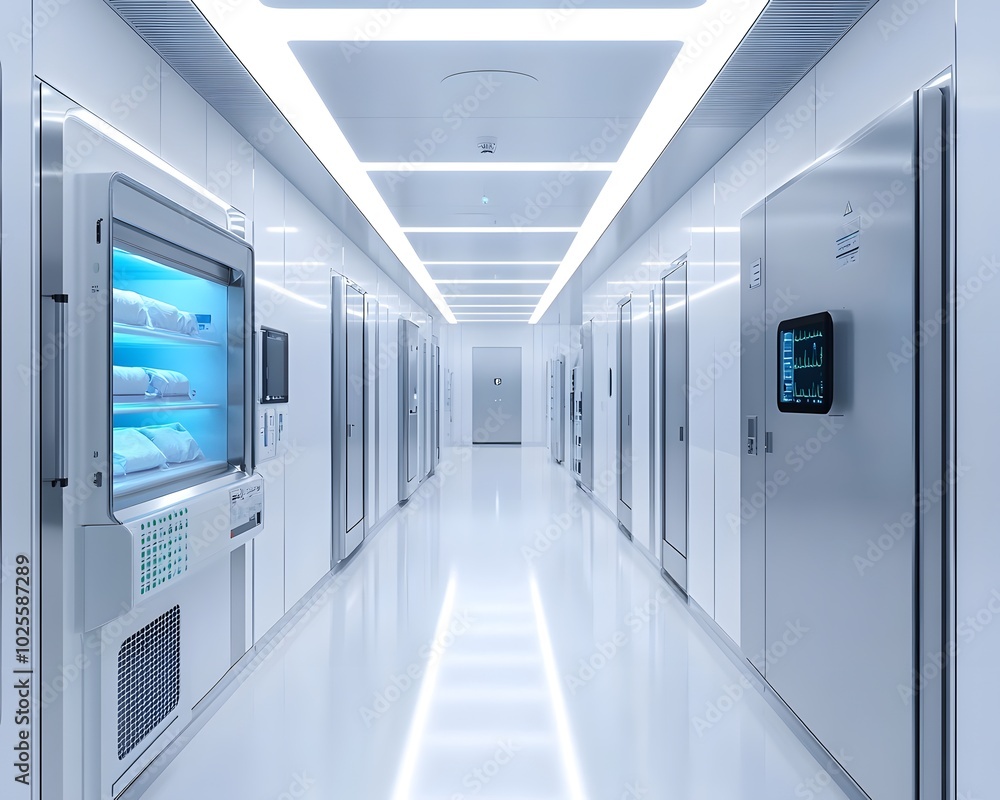 A modern, high-tech hallway featuring sleek design and advanced refrigeration units for optimal storage. A modern, high-tech hallway featuring sleek design and advanced refrigeration units for optimal storage.