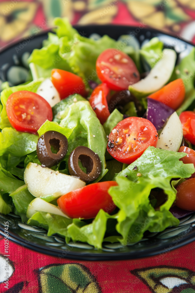 Top view of a fresh, vegetarian salad on patterned background Top view of a fresh, vegetarian salad on patterned background