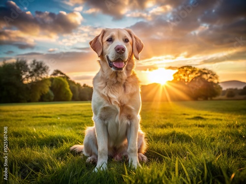 Golden Labrador Retriever Sitting on Grass with a Playful Expression and Bright Sunshine Background