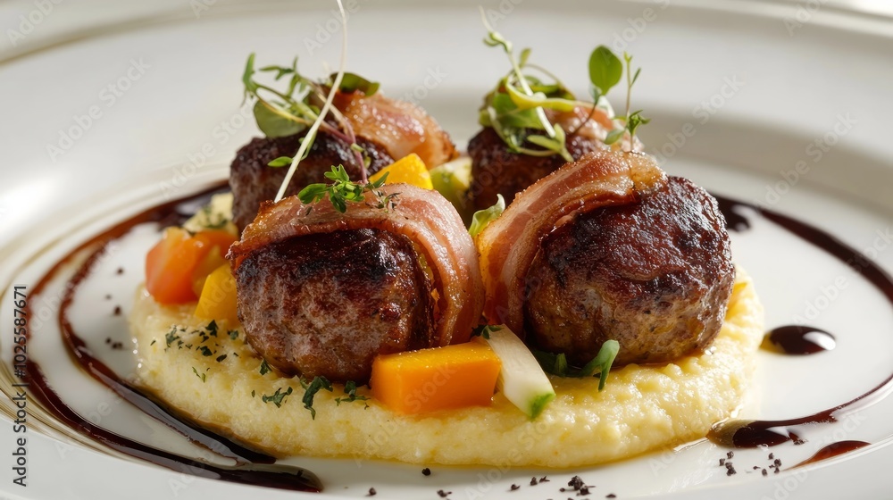 Gourmet meatballs wrapped in bacon served with polenta, vegetables and a balsamic glaze on a white plate. Gourmet meatballs wrapped in bacon served with polenta, vegetables and a balsamic glaze on a white plate.