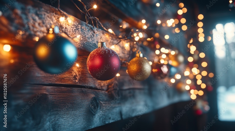 Fototapeta premium Hanging ornaments and twinkling lights draped across a rustic wooden beam in a festive cabin.