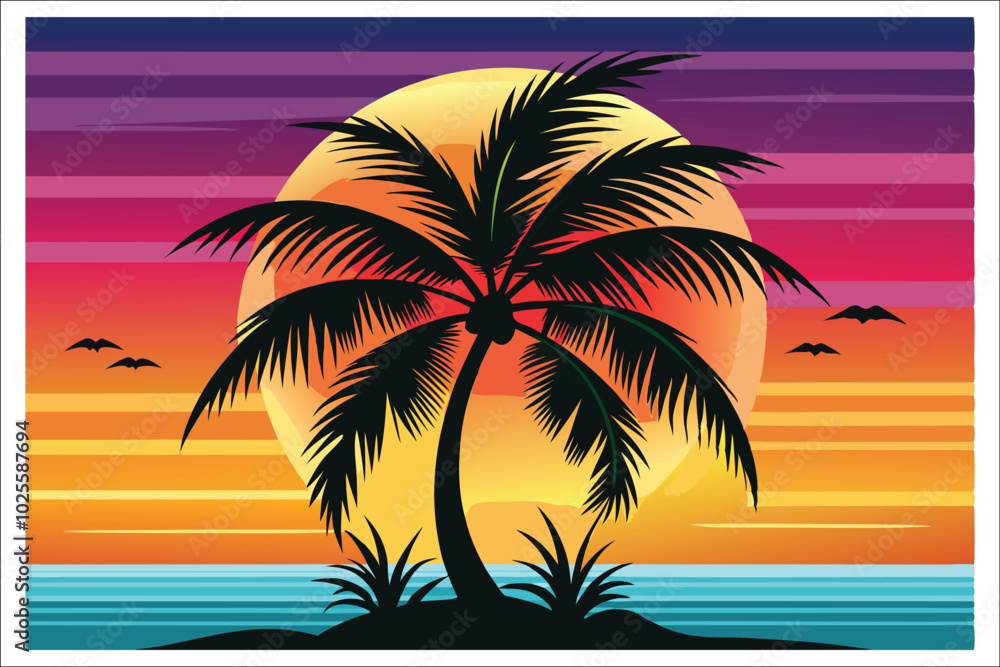 Fototapeta premium Coconut Tree Sunset Beach Vector Illustration 2025