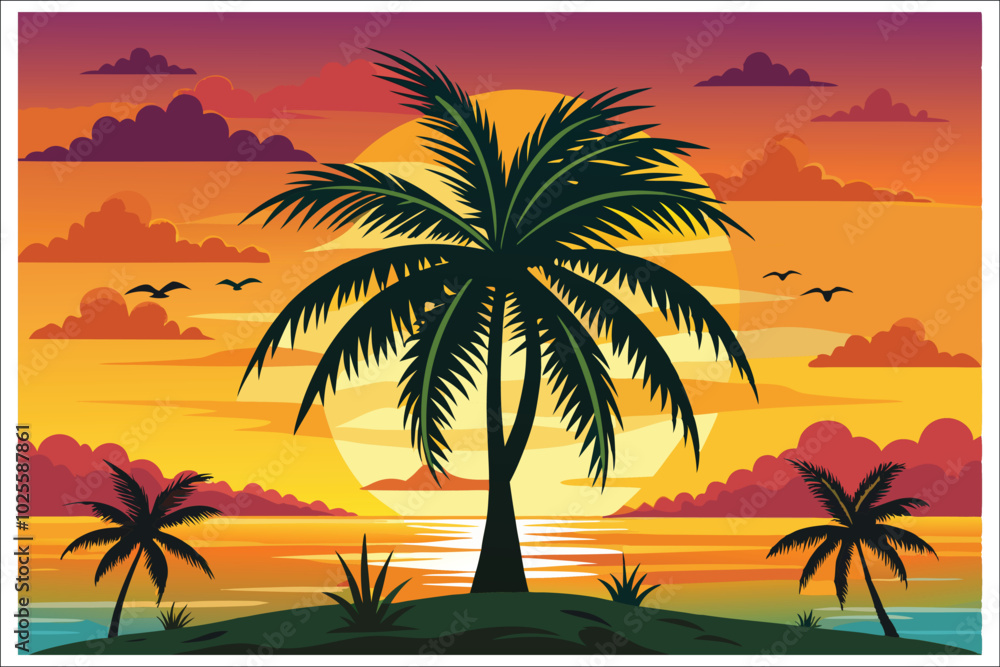 Obraz premium Coconut Tree Sunset Beach Vector Illustration 2025