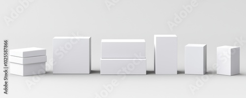 Clear 3D rendering of a set of blank package boxes, isolated on a white backdrop.