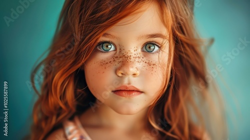 A young girl with vibrant red hair and cute freckles embodies the essence of natural beauty against a simple backdrop.