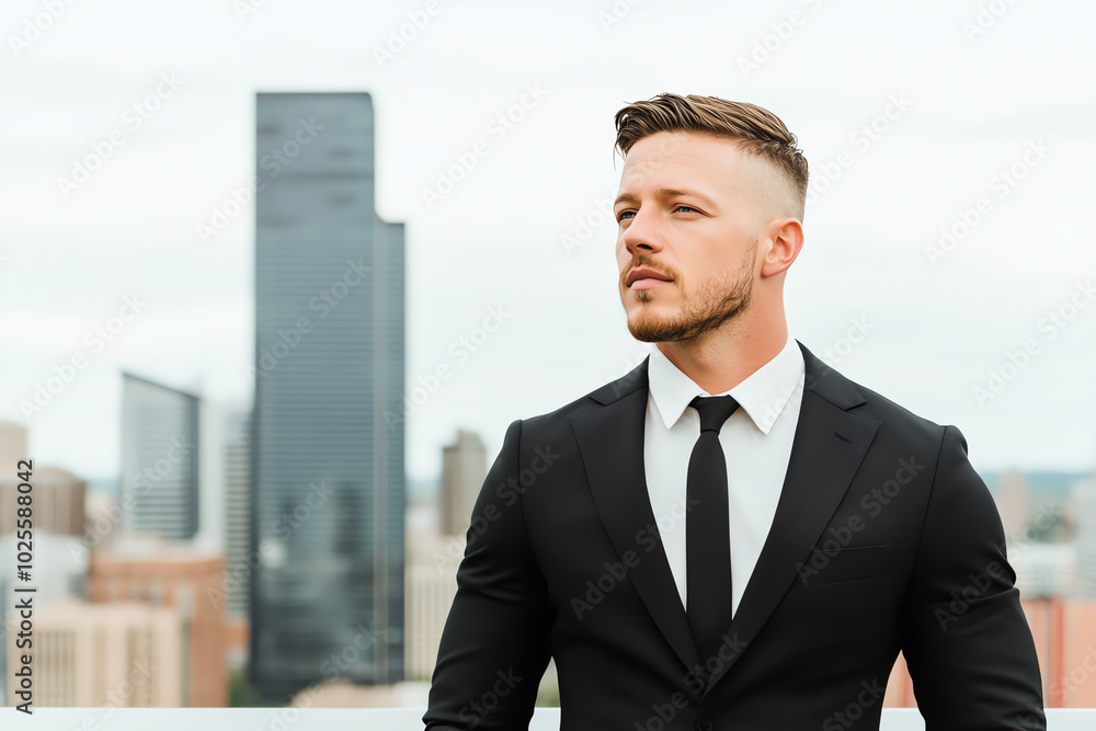 Handsome man with a sharp suit in front of a massive city skyscraper, hyperrealistic image highlighting success and ambition Handsome man with a sharp suit in front of a massive city skyscraper, hyperrealistic image highlighting success and ambition