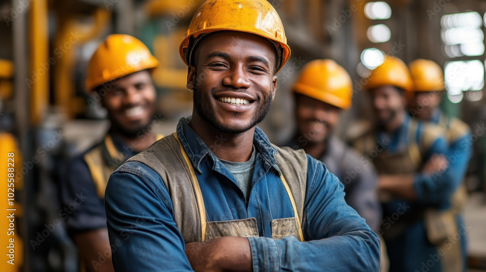 A group of cheerful factory workers smiles brightly for a candid photo, showcasing teamwork and camaraderie in a clean space. A group of cheerful factory workers smiles brightly for a candid photo, showcasing teamwork and camaraderie in a clean space.