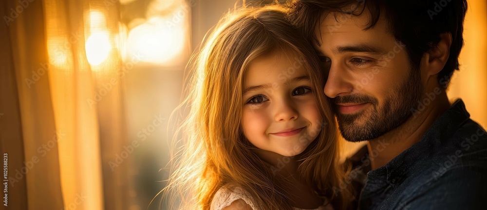 A heartwarming moment of a father and daughter embracing in golden sunlight, showcasing love and family joy in a serene home setting. A heartwarming moment of a father and daughter embracing in golden sunlight, showcasing love and family joy in a serene home setting.