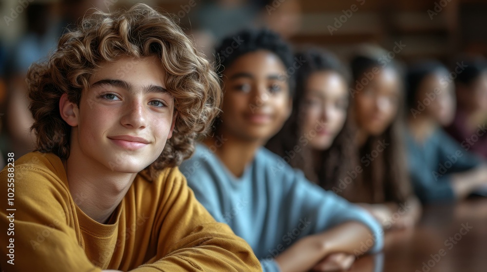A group of enthusiastic students animatedly discussing topics in class, highlighting a cheerful young man immersed in learning. A group of enthusiastic students animatedly discussing topics in class, highlighting a cheerful young man immersed in learning.
