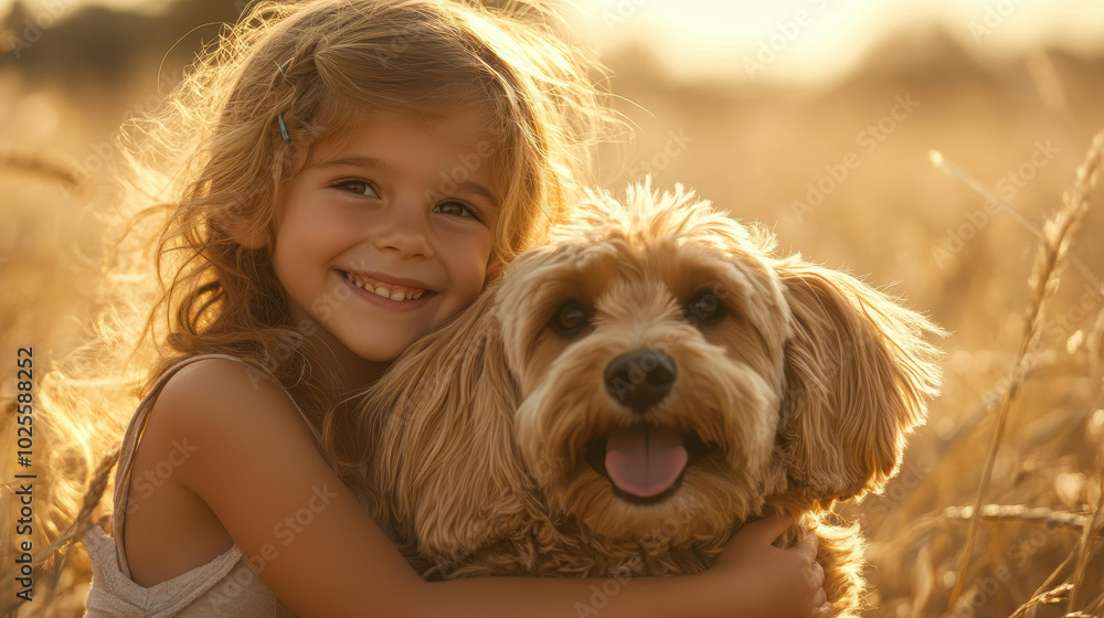 A cheerful girl hugs her fluffy dog, radiating joy in a sunlit field, celebrating the bond of friendship in nature. A cheerful girl hugs her fluffy dog, radiating joy in a sunlit field, celebrating the bond of friendship in nature.