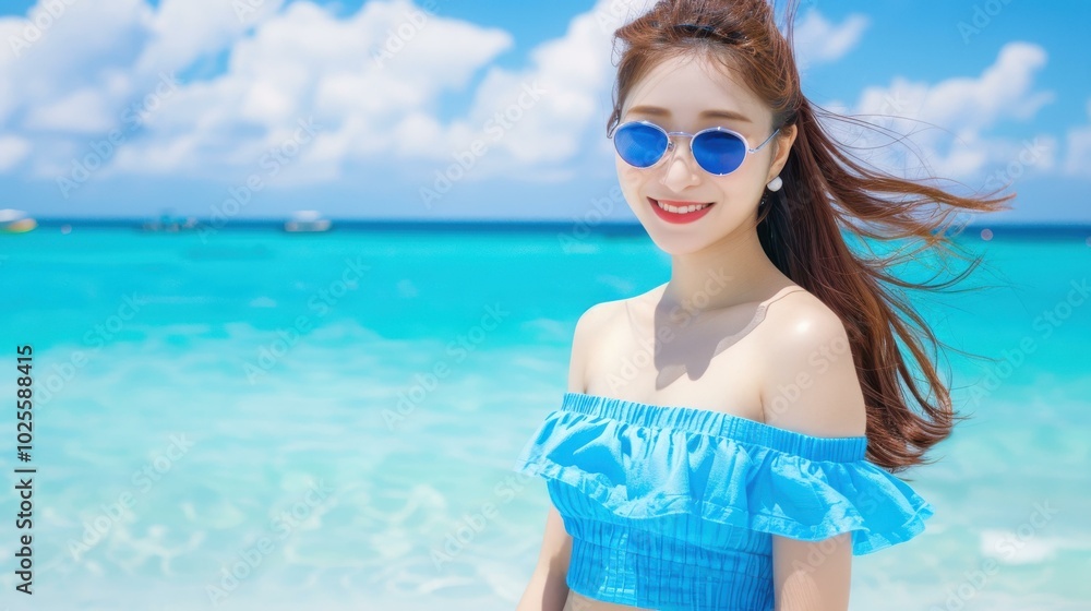 Relax on a tropical beach with a happy young woman in stylish sunglasses. Perfect for summer vacations and lifestyle concepts. Relax on a tropical beach with a happy young woman in stylish sunglasses. Perfect for summer vacations and lifestyle concepts.