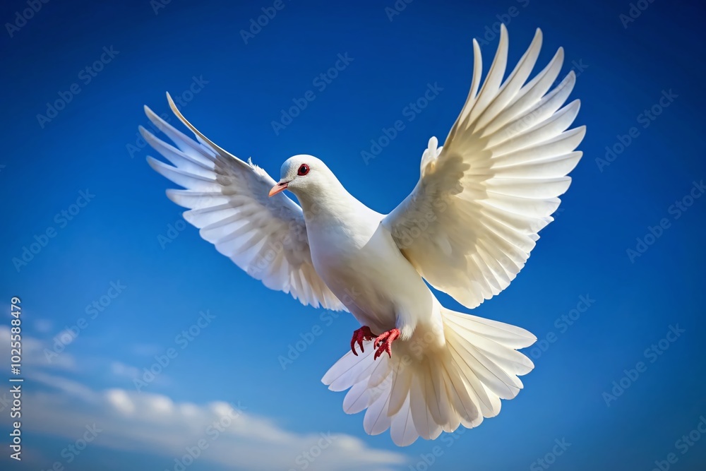 Graceful Dove in Flight Against a Clear Blue Sky, Symbolizing Peace and Freedom in Nature Graceful Dove in Flight Against a Clear Blue Sky, Symbolizing Peace and Freedom in Nature
